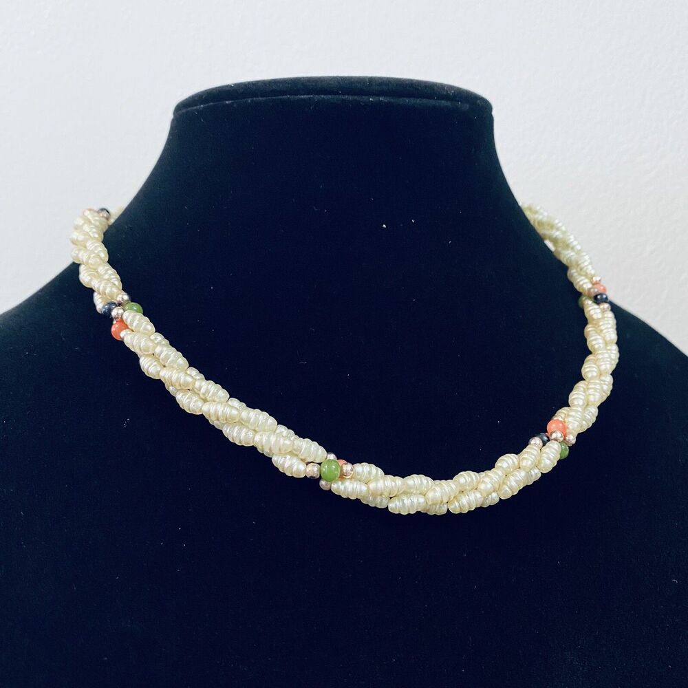 Vintage Braided Rice Seed Faux Pearls Pink Coral Green Glass Beads Necklace 18”